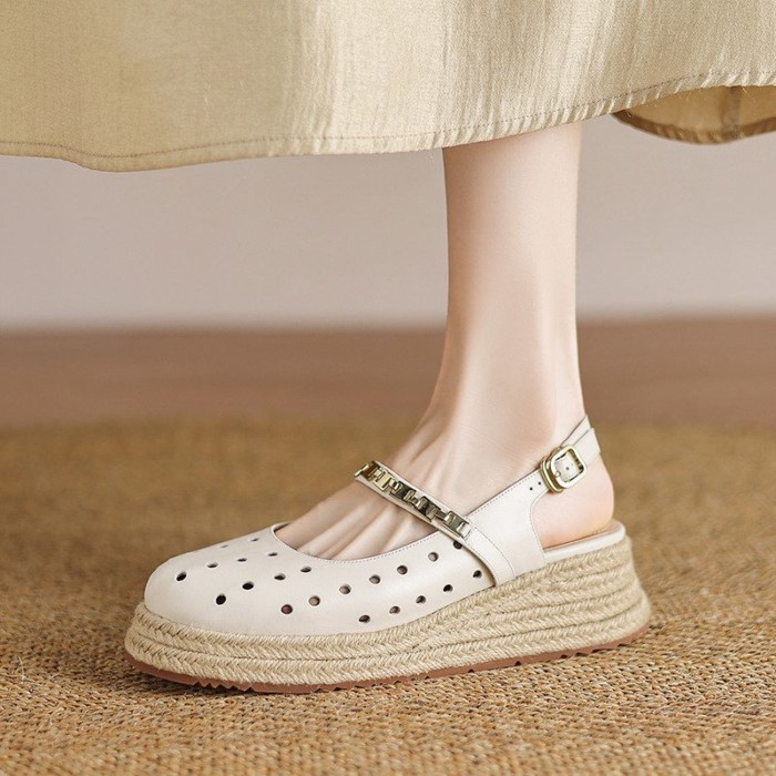 Giày sandal đế dày 5cm Baotou đế mềm đế dày đế mềm dành cho nữ Giày La Mã đế rỗng mùa hè siêu mềm