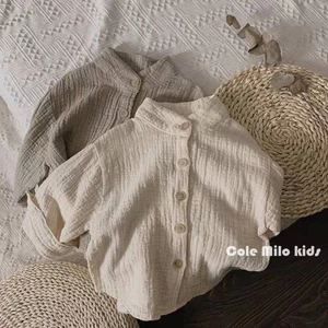 Áo sơ mi cotton nguyên chất trẻ em phong cách rừng rậm, áo sơ mi cotton và vải lanh cổ đứng t