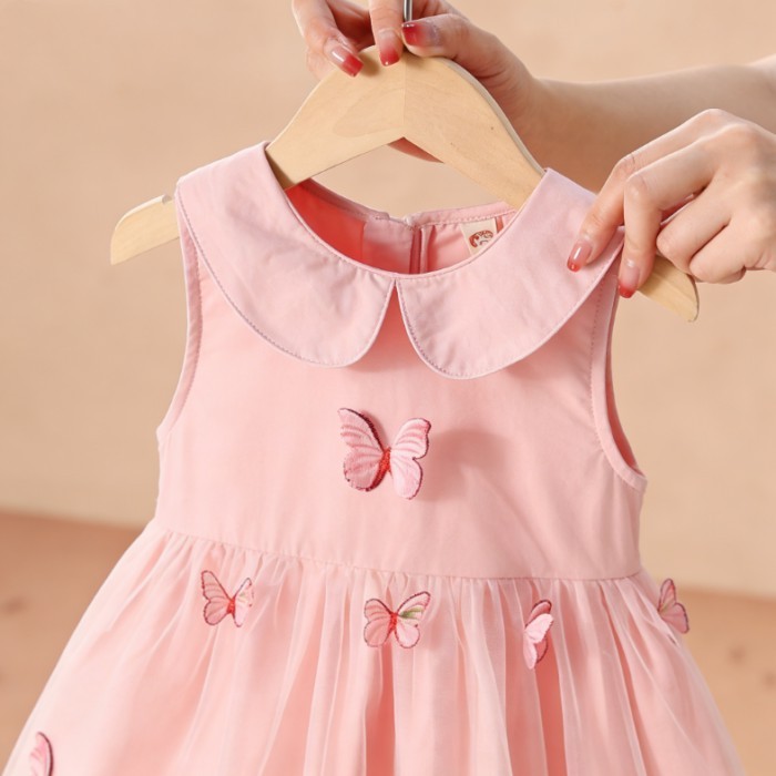 Bé Gái Đầm Bướm Mùa Hè Phong Cách Mới Trẻ Em Phong Cách Lưới Đầm Công Chúa Bé Búp Bê Cổ Áo Ve