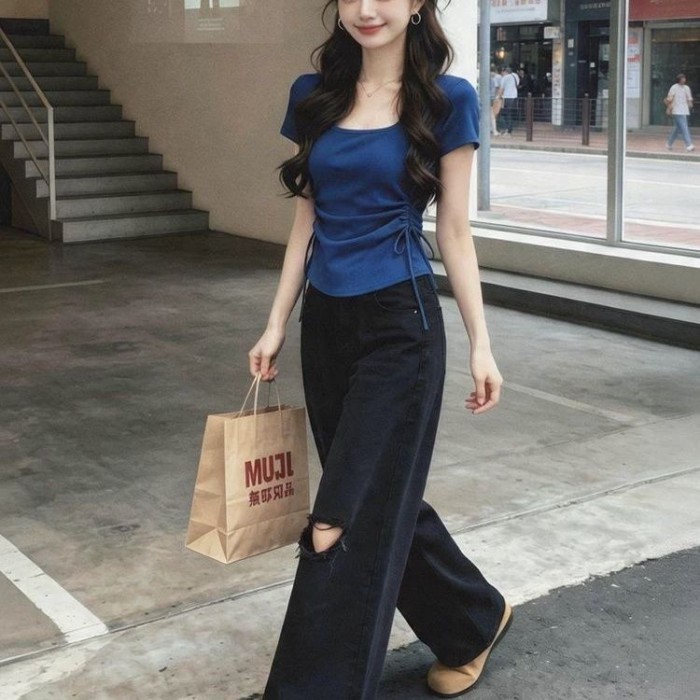 Áo thun hai dây rút phối ren eo cho nữ mùa hè phong cách mới nhỏ có hương thơm giảm tuổi tác