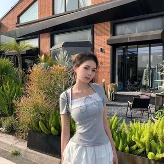 Korean Pure Lust Style Design Contrasting Fake Two-piece Short-sleeved T-shirt For Women Summ