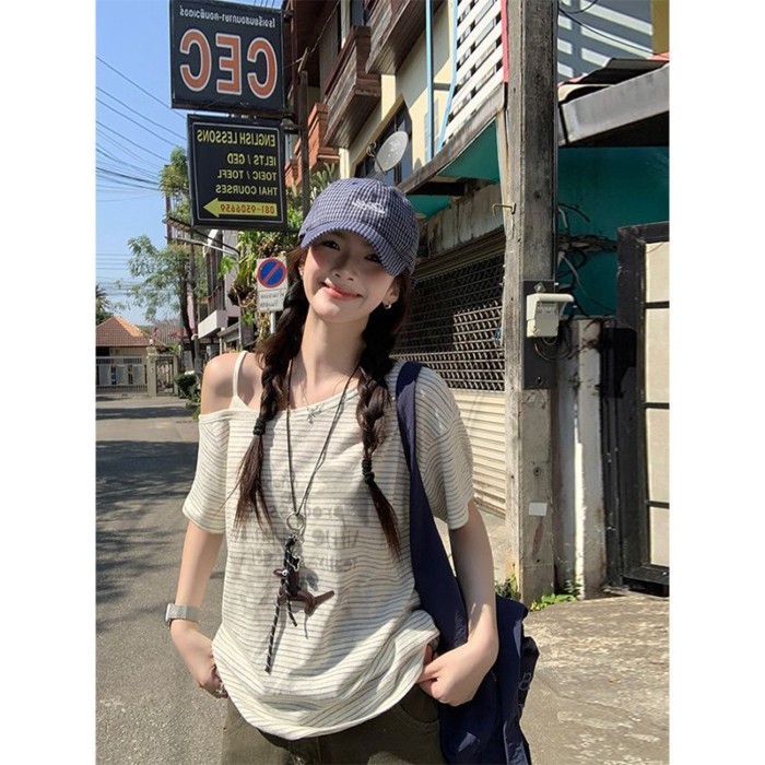 Striped Slanted Shoulder Short-sleeved T-shirt For Women Summer New Design Niche Loose Lazy S