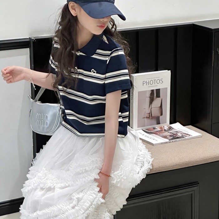 kids Áo thun ngắn tay sọc hàn quốc bé gái Áo sơ mi POLO mùa hè mới Áo ngắn trẻ em