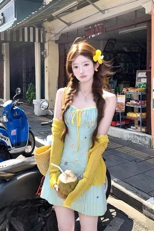 Đầm Suspender Thắt Nơ Nữ Ngọt Ngào Và Tươi Mát Sọc Hoa Váy Chữ A