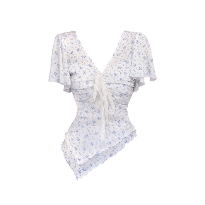 Áo thun nữ ngắn tay phối ren hoa phong cách nhẹ nhàng, áo thun buộc dây giảm eo cao cấp