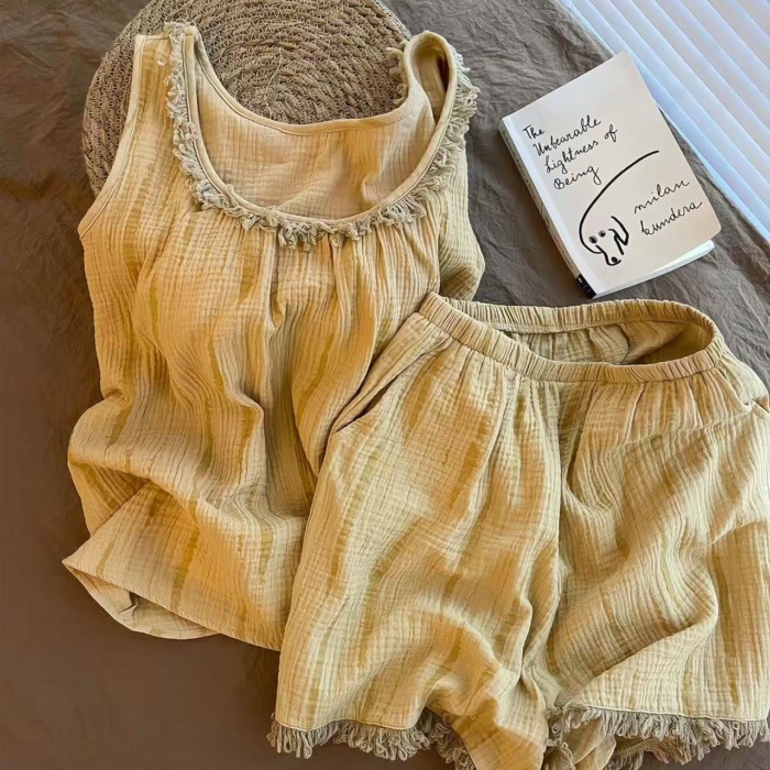 Mùa Hè Ngọt Ngào Màu Yếm Quần Short Bộ Đồ Ngủ Nữ Mới Tua Rua Edge Nhà Bộ Quần Áo Có Thể Mặc B
