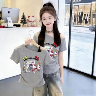 Áo thun lệch vai ngắn tay bé gái mùa hè bé gái áo trễ vai thời trang phong cách Hàn Quốc