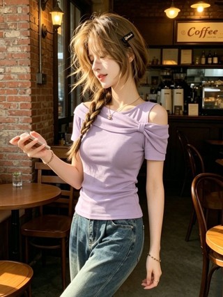 Áo thun ngắn tay trễ vai gió nhẹ màu tím dành cho nữ mùa hè mới phong cách Hàn Quốc thon gọn khí