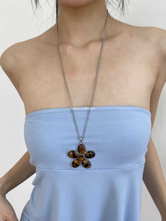 Have u desgin Merad Tiger Eye Stone Mặt dây chuyền hoa Vòng cổ dài Cao cấp Đơn giản Phong cách mát mẻ Thời trang Dây chuyền áo len phù hợp