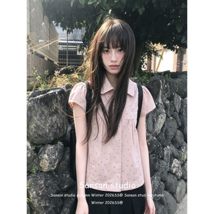 College Style Pink Polka Dot Short-sleeved Shirt For Women To Wear In Summer, Korean Style Sh