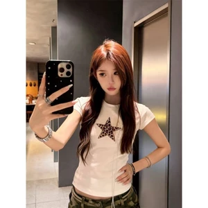 Áo thun ngắn tay hot girl Mỹ họa tiết da báo dành cho nữ mùa hè mới giảm béo vai ngắn hợp thời