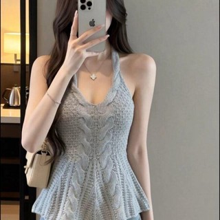 Áo yếm dệt kim cổ chữ V khí chất cổ chữ V cho nữ mùa xuân hè kiểu mới áo không tay thắt lưng