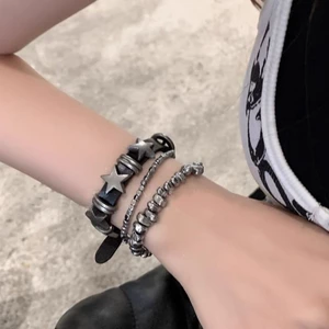 Vòng đeo tay bằng da ngôi sao năm cánh màu punkdành cho nữ, phụ kiện đính cườm theo phong các