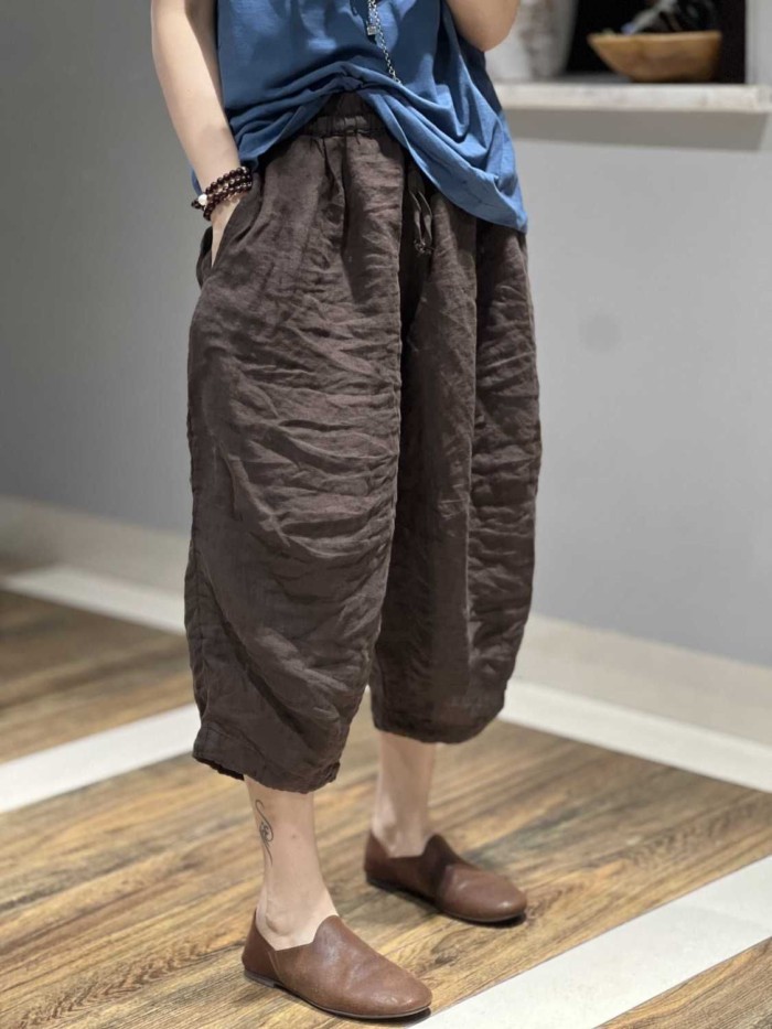 Mới Đồng Màu Ống rộng Cotton và Vải Lanh Quần Cắt Rời Retro Cổ Cà Rốt Hậu Cung Quần dành cho Nữ