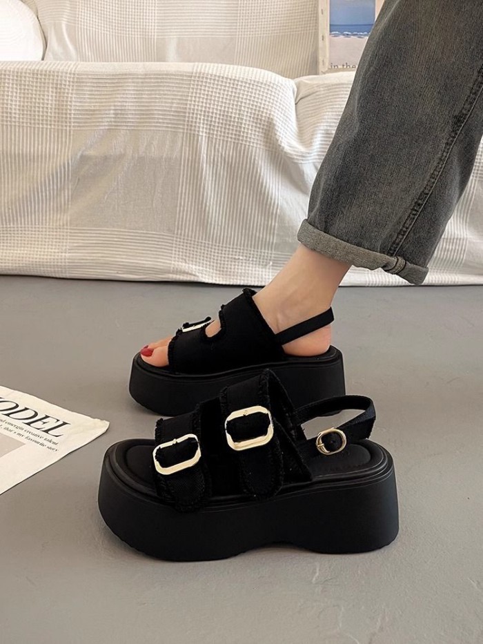 Sandal đế dày xinh xắn phối váy, áo khoác ngoài nữ, giày nêm La Mã cao cấp và đa năng