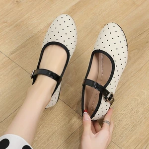Retro Chấm Bi Dây Mary Jane Giày Nữ Mùa Hè Mới Gót Thấp Dẹt Nhẹ Nhàng Buổi Tối Tính Khí Giày Đơ
