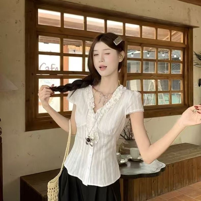 French Retro Ruffle Short-sleeved Shirt For Women Summer White Niche Chic Waist Slimming Shir