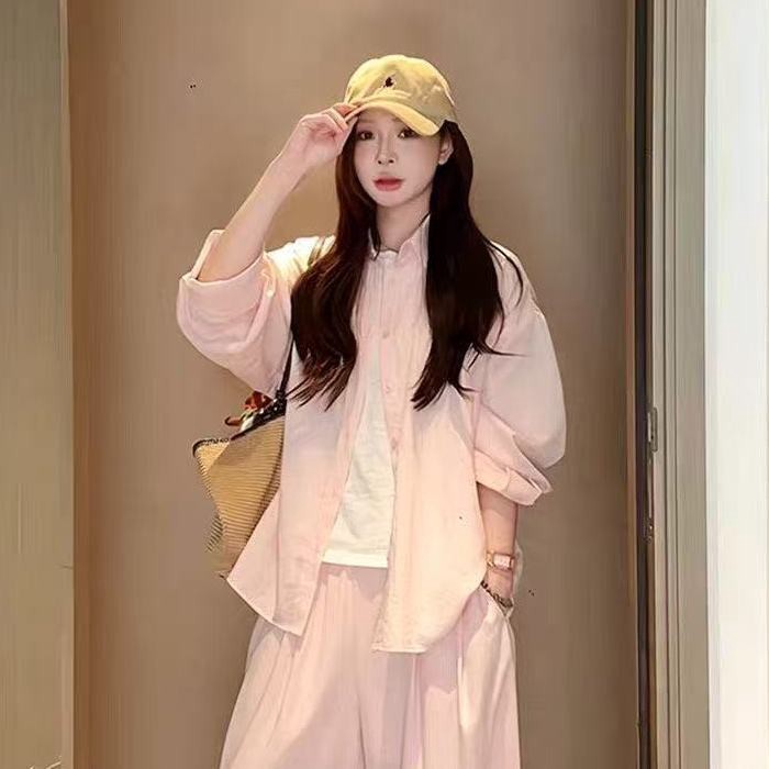 Áo sơ mi dài tay chống nắng cho nữ quần ống rộng thông thường Hàn Quốc Bộ hai món