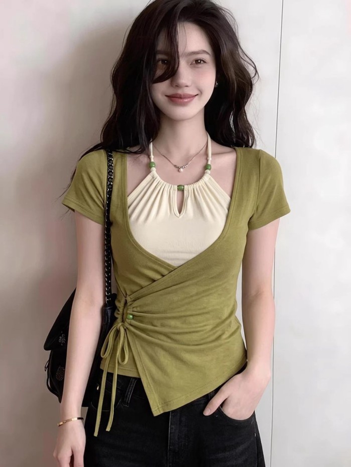 Áo thun ngắn tay hai dây giả hàn quốc  dành cho nữ đầu hè thiết kế độc đáo đẹp khí chất giảm t