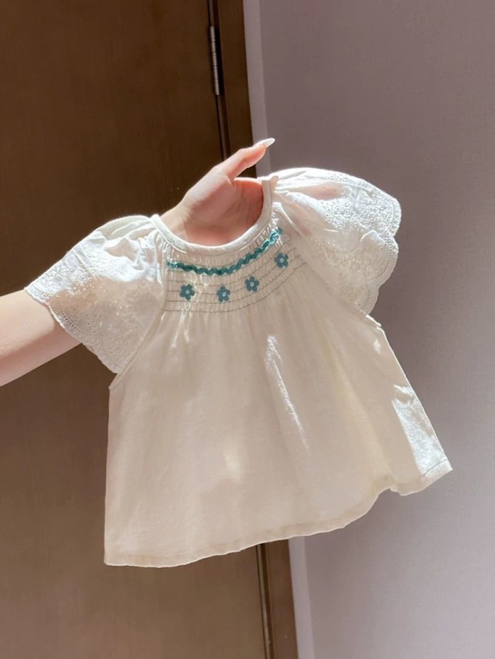 Girls Summer Lace Sleeve Babydoll Shirt Feminine Flower Embroidery Shirt Baby Fresh Summer We