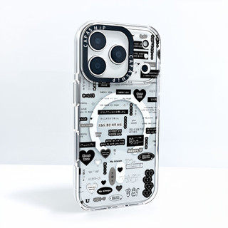 Nhãn dán nhãn trái tim yêu thương màu đen Vỏ sạc từ tính không dây Tương thích cho IPhone16E 14 Plus 11 12 13 15 16 17 Pro Max Cover 17AIR Silicone mềm trong suốt Vỏ chống sốc