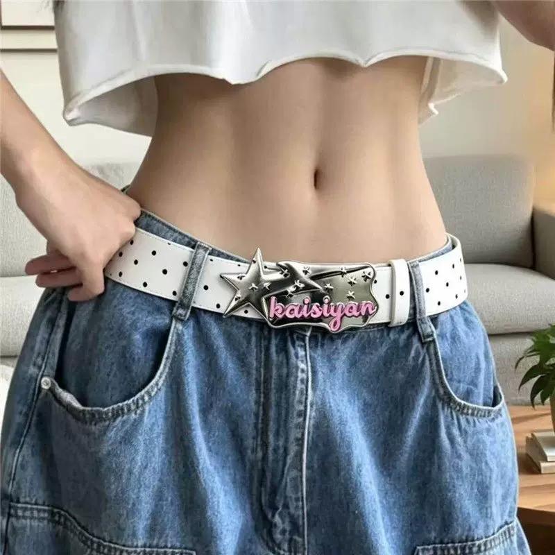 Thắt lưng ngôi sao chấm bi màu hồng Nữ Y2K Trang trí đai khóa kim loại công nghiệp nặng