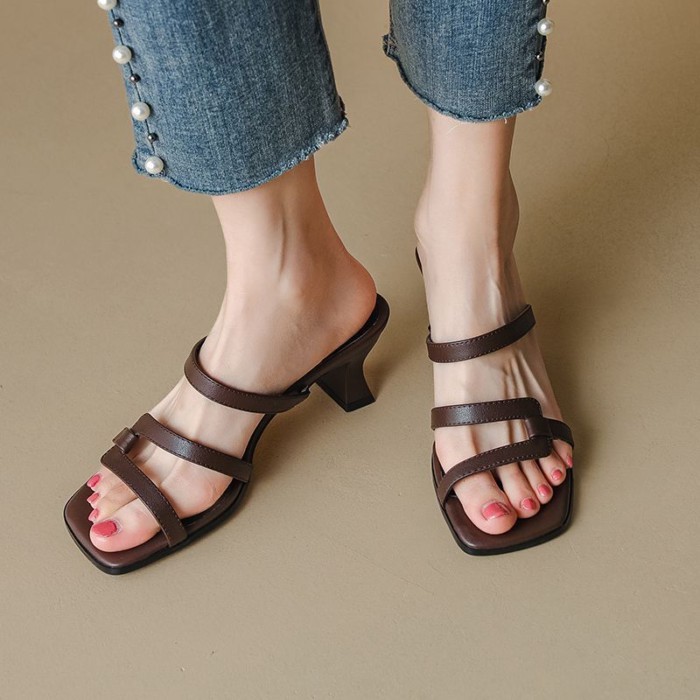 Giày sandal hở mũi da nhẹ sang trọng của Pháp dành cho nữ mùa hè mũi vuông thời trang một dây quai