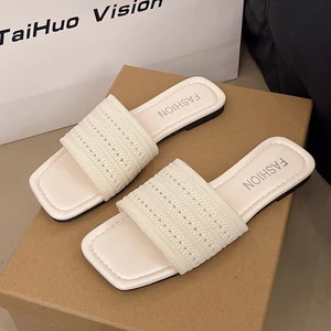 Dép dệt thời trang đế phẳng mặc ngoài mùa hè đi nghỉ mới Giày đi biển một dây chống trượt đi