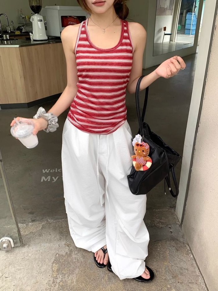 Retro Red Striped Camisole Women's Summer New Slim Fit Lace Design Niche Hot Girl Outer Top
