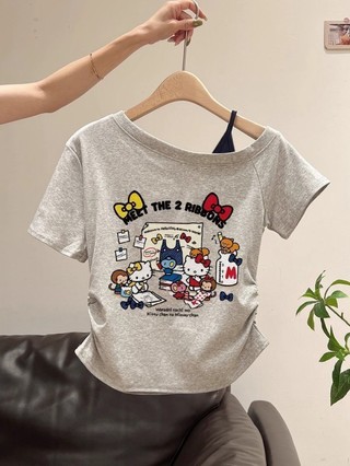 Áo thun lệch vai ngắn tay bé gái mùa hè bé gái áo trễ vai thời trang phong cách Hàn Quốc