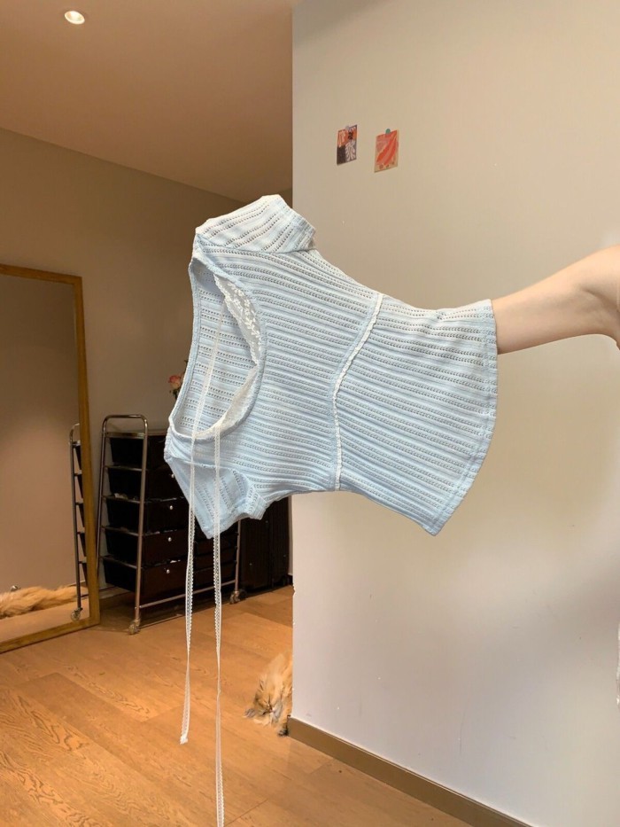 Ren Ngọt Ngào Khâu Dây Cổ Rỗng Cổ Vuông Ngắn Tay Nữ Xuân Hè Eo Thon Đáy Ngắn Top