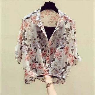 set áo sơ mi họa tiết da báo tay cánh dơi cho nữ Áo sơ mi voan dáng rộng phong cách Hàn Quốc