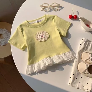 Áo thun ngắn tay phối ren cho bé gái mùa hè, váy trẻ em, áo sơ mi đáy quần dành cho nữ