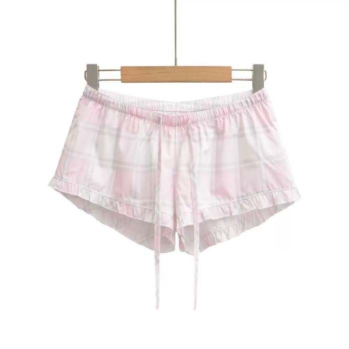 Quần short kẻ sọc cho nữ, dây rút, lưng thun, quần ống rộng, quần mặc ở nhà thông thường