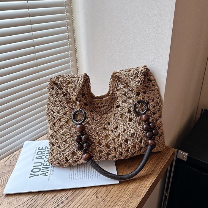 Love Lazy Style Hollow Woven Bag Women's New Travel Shoulder Tote Bag Beach Straw Bag