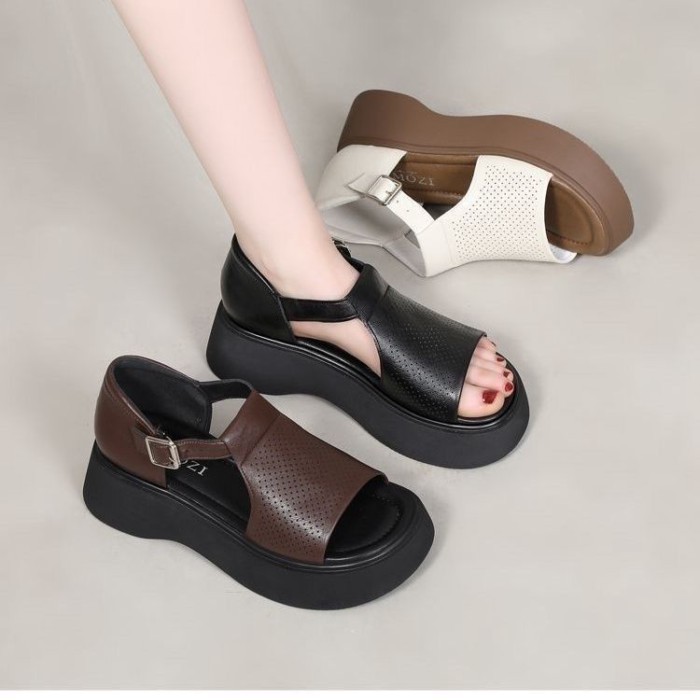 Giày sandal đế dày mùa hè kiểu La Mã có chân váy Giày sandal đi biển đế mềm hở mũi nhỏ dành cho nữ