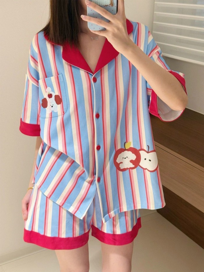 ins Korean Style Sweet Striped Apple Pajamas For Women Summer New Short-sleeved Shorts Casual