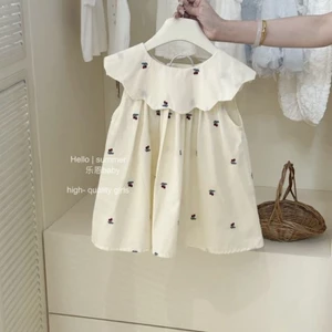 bé gái mùa hè màu be thêu anh đào váy bé gái bé búp bê cổ áo vest váy dáng rộng đầm thời trang