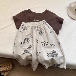 quần áo trẻ em phong cách văn học cổ điển Hàn Quốc quần cotton và vải lanh in quần thường ngày n