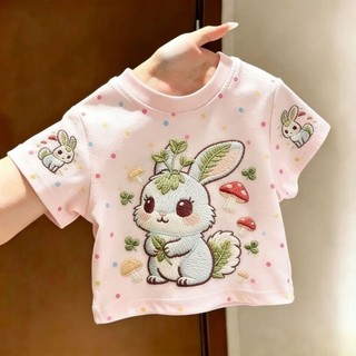 Mùa hè giả thêu hình chú thỏ dễ thương cổ tròn dáng rộng giản dị ngắn tay dành cho nam và nữ