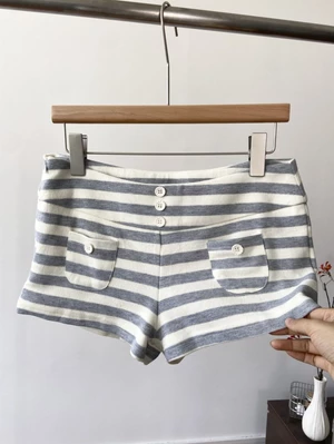 Quần short in họa tiết sọc cổ điển kiểu Mỹ thời trang cạp thấp giảm béo đa năng dành cho nữ