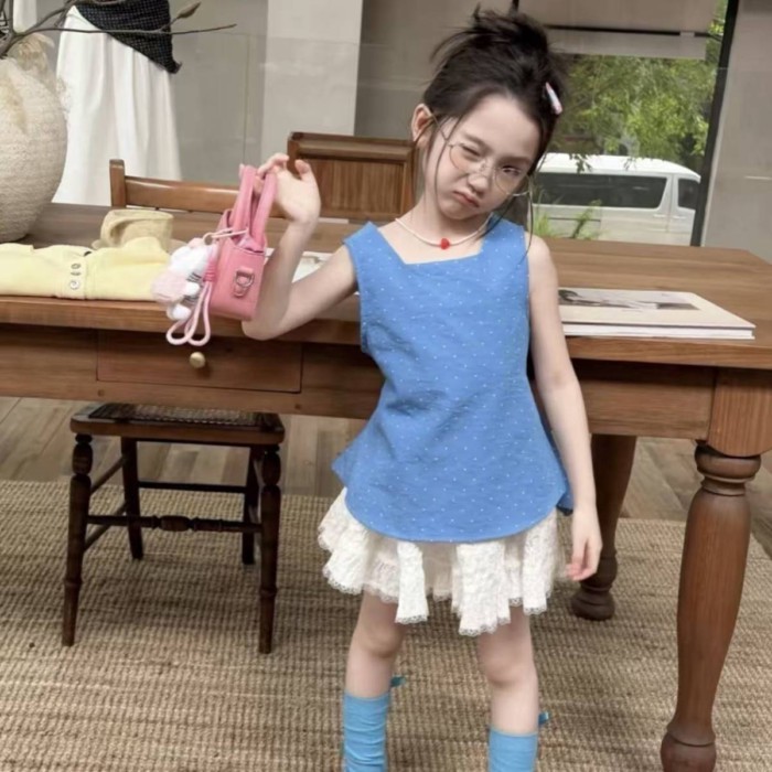 Quần áo trẻ em phong cách Hàn Quốc thiết kế bé gái áo vest không tay chấm bi váy ren Bộ đồ ha