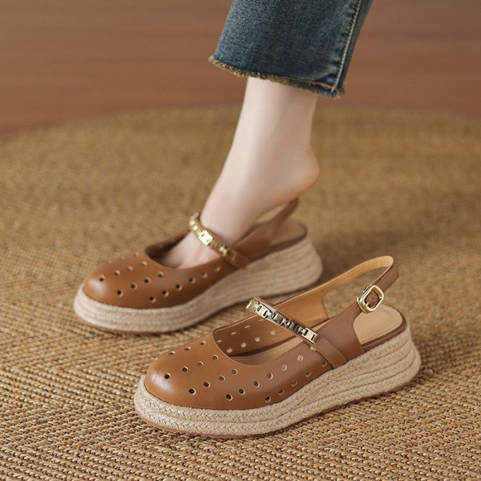 Giày sandal đế dày 5cm Baotou đế mềm đế dày đế mềm dành cho nữ Giày La Mã đế rỗng mùa hè siêu mềm