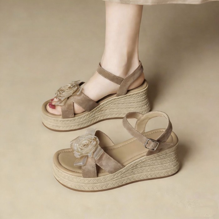 Dép Handmade hở mũi nền tảng đế hoa dép rơm siêu cao gót đế nêm