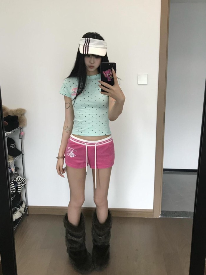 Quần short màu hồng phối màu Mỹ  dành cho nữ, quần ống rộng dây rút cạp thấp, thể thao đa năng