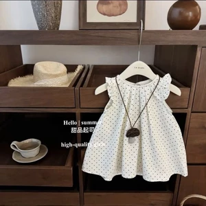bộ quần áo trẻ em hàn quốc dễ thương cho bé gái mùa hè phong cách mới chấm bi bay tay vest phong