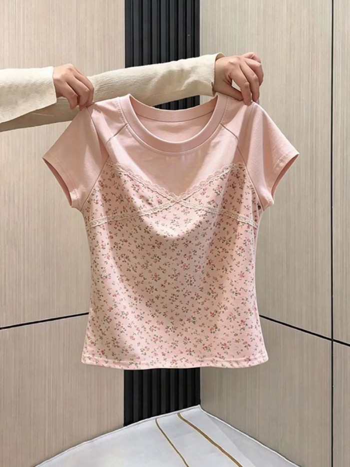 Áo thun ngắn tay phối ren hoa dành cho nữ mùa hè cỡ lớn thời trang đa năng
