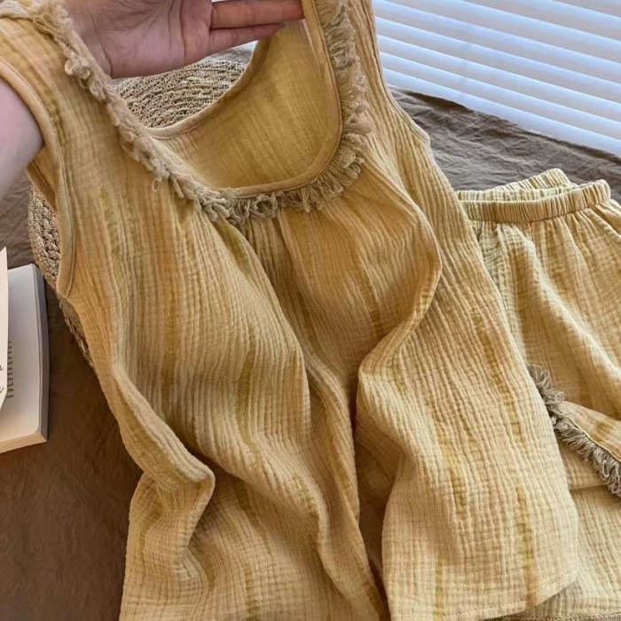 Mùa Hè Ngọt Ngào Màu Yếm Quần Short Bộ Đồ Ngủ Nữ Mới Tua Rua Edge Nhà Bộ Quần Áo Có Thể Mặc B