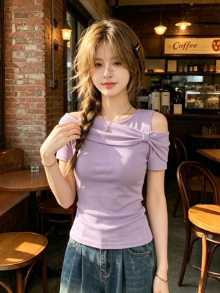 Áo thun ngắn tay trễ vai gió nhẹ màu tím dành cho nữ mùa hè mới phong cách Hàn Quốc thon gọn khí