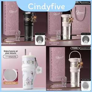 Cốc cà phê uống đôi bằng gốm có tay cầm và ống hút dùng cho văn phòng và gia đình
